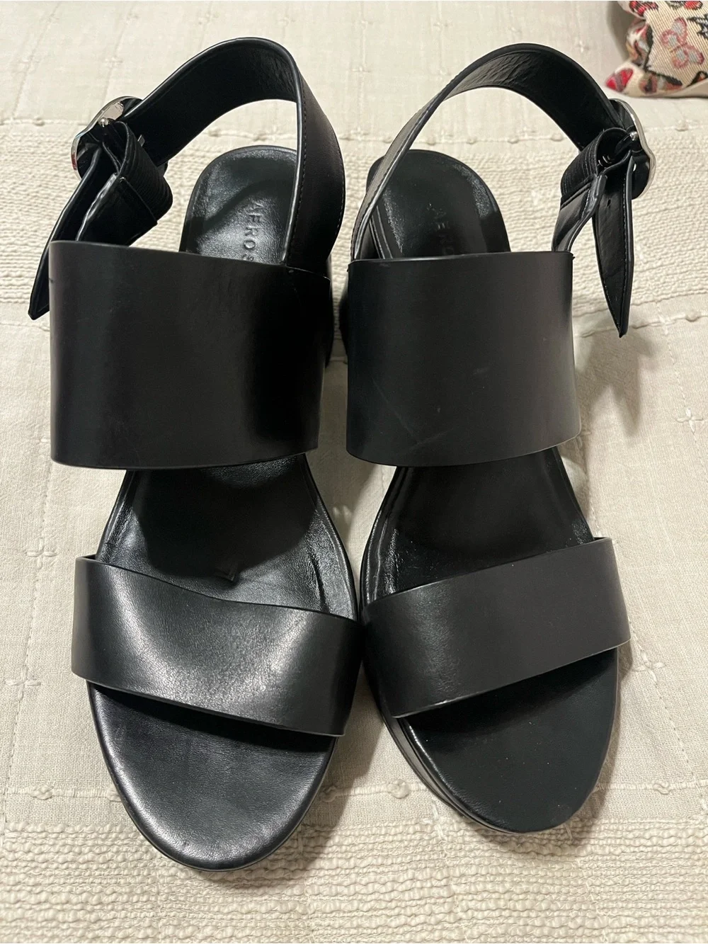 AEROSOLES Black Two-Strap Platform Sandal with Gold Buckle